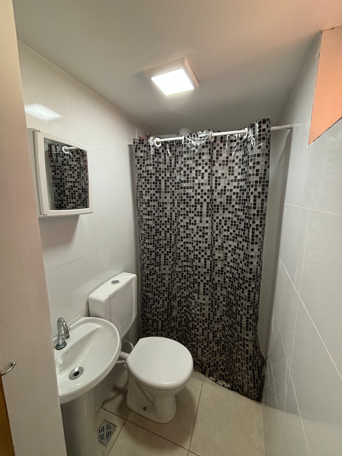 A compact bathroom features modern fixtures, including a white toilet and a sink with a sleek faucet. A shower area is separated by a patterned curtain. A small mirror is mounted above the sink, and light is provided by a ceiling fixture.