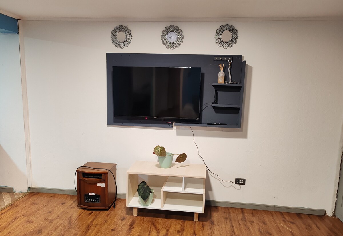 A wall-mounted television is positioned above a light-colored wooden media console. The console features an open shelf and a closed section, with decorative plants placed on top. Three circular wall decor pieces and a clock adorn the wall above the television.