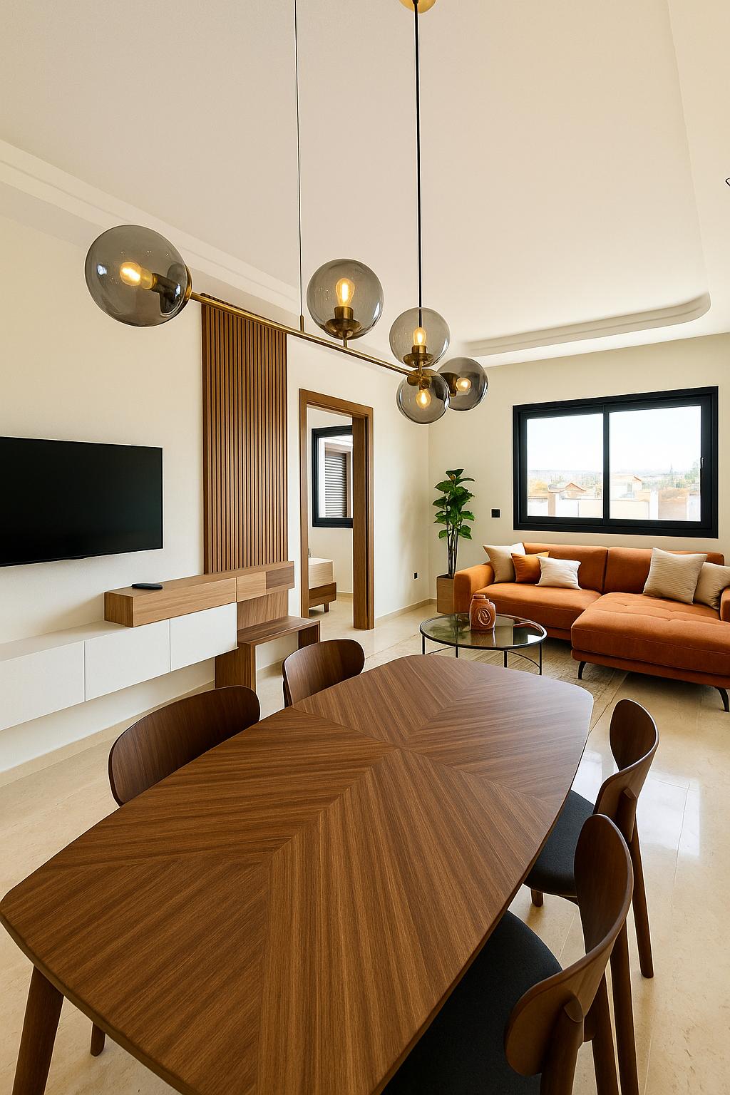 A dining area features a sleek wooden table surrounded by six chairs. Above, a modern pendant light with multiple bulbs adds visual interest. A comfortable orange sofa complements the space, while a flat-screen TV is mounted on the wall adjacent to a decorative wooden panel.
