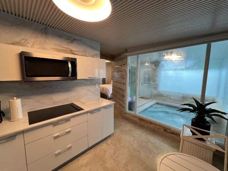 A modern kitchen featuring sleek cabinetry and a built-in microwave. An induction cooktop is positioned on the countertop. Large glass panels reveal a private indoor pool area, while a plant adds a touch of greenery to the overall design.