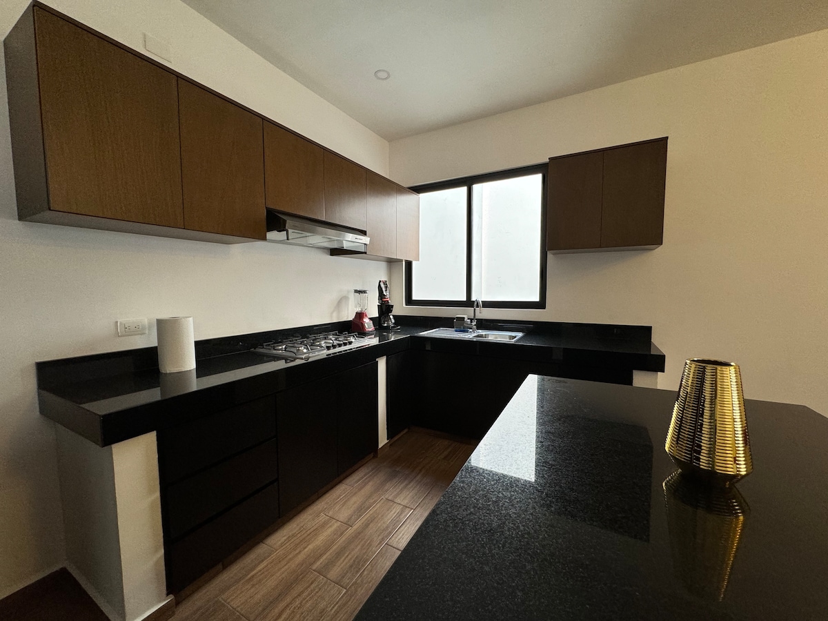 The modern kitchen features dark wood cabinetry and sleek black countertops, providing ample space for meal preparation. A large window allows natural light to fill the area, while stainless steel appliances are positioned for convenience.