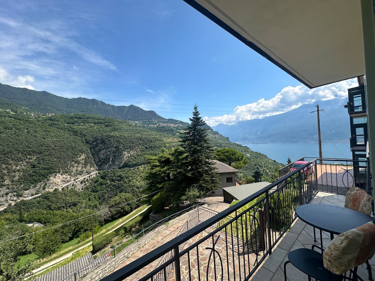 A balcony features a metal railing overlooking a scenic mountain landscape with lush greenery and the expansive Lake Garda. The sky is clear with soft clouds, and a variety of trees are visible in the foreground, enhancing the natural setting.