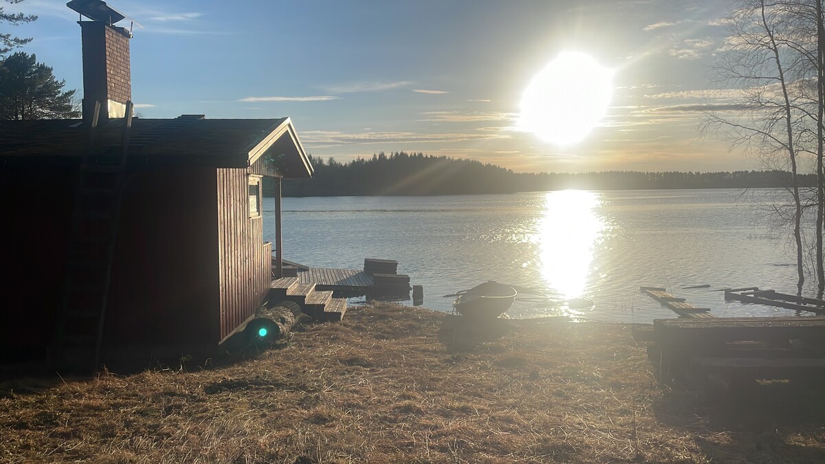 A lakeside cabin is positioned alongside a tranquil body of water, with sunlight reflecting off the surface. The cabin features a sloped roof, a chimney, and a deck extending towards the water. Surrounding greenery and a clear sky enhance the serene environment.