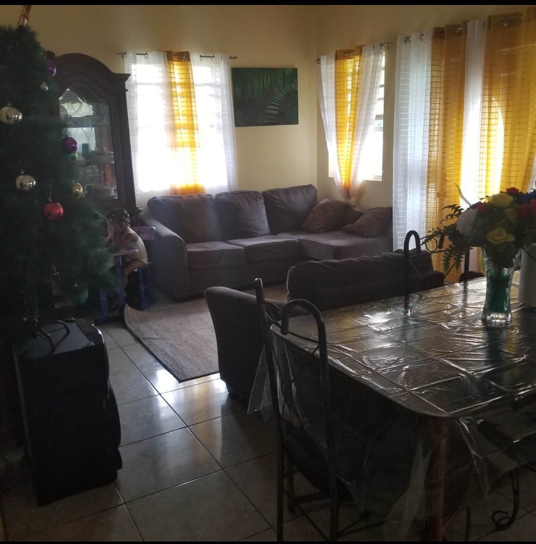A comfortable seating area with a neutral-toned sofa and natural light filtering through sheer yellow curtains is featured. A dining table, partially covered, is accompanied by several chairs. In the corner, a decorative Christmas tree adds a festive touch to the space.