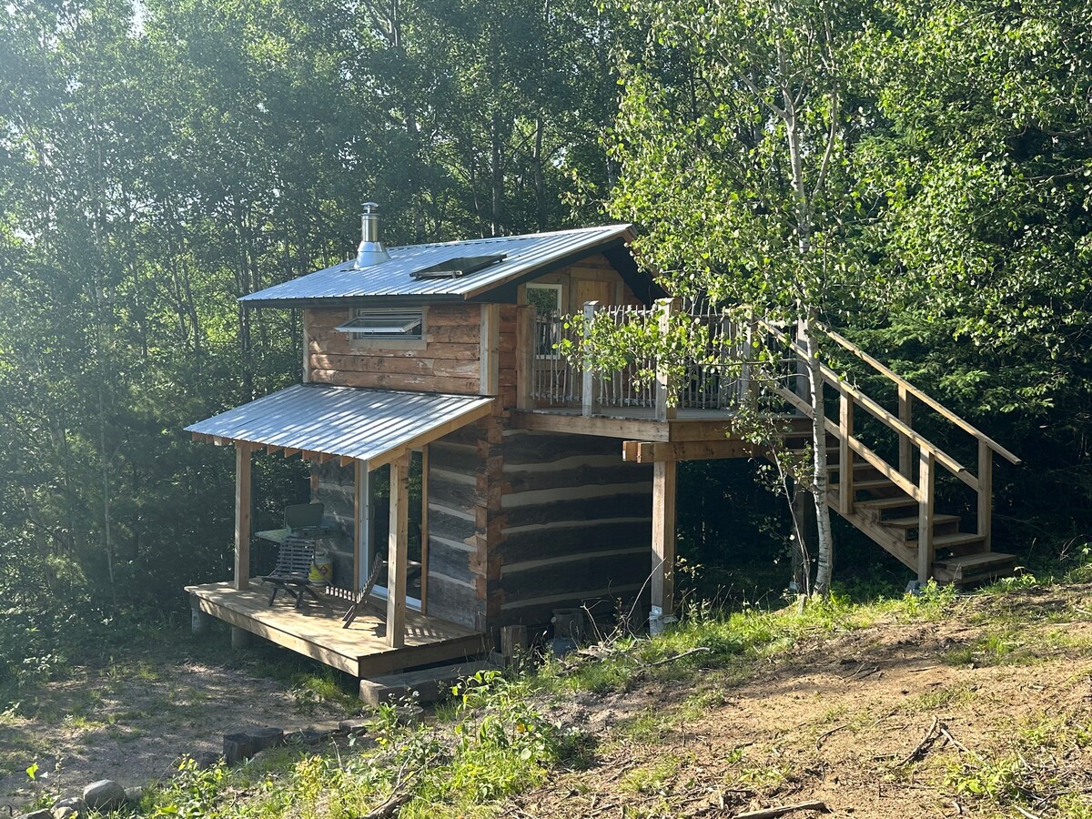 A charming log cabin is situated on a hillside, embraced by lush trees. A wooden deck features two chairs, offering a serene outdoor space. Stairs lead up to the entrance, and a metal roof reflects sunlight, while a chimney stands atop, hinting at warmth inside.
