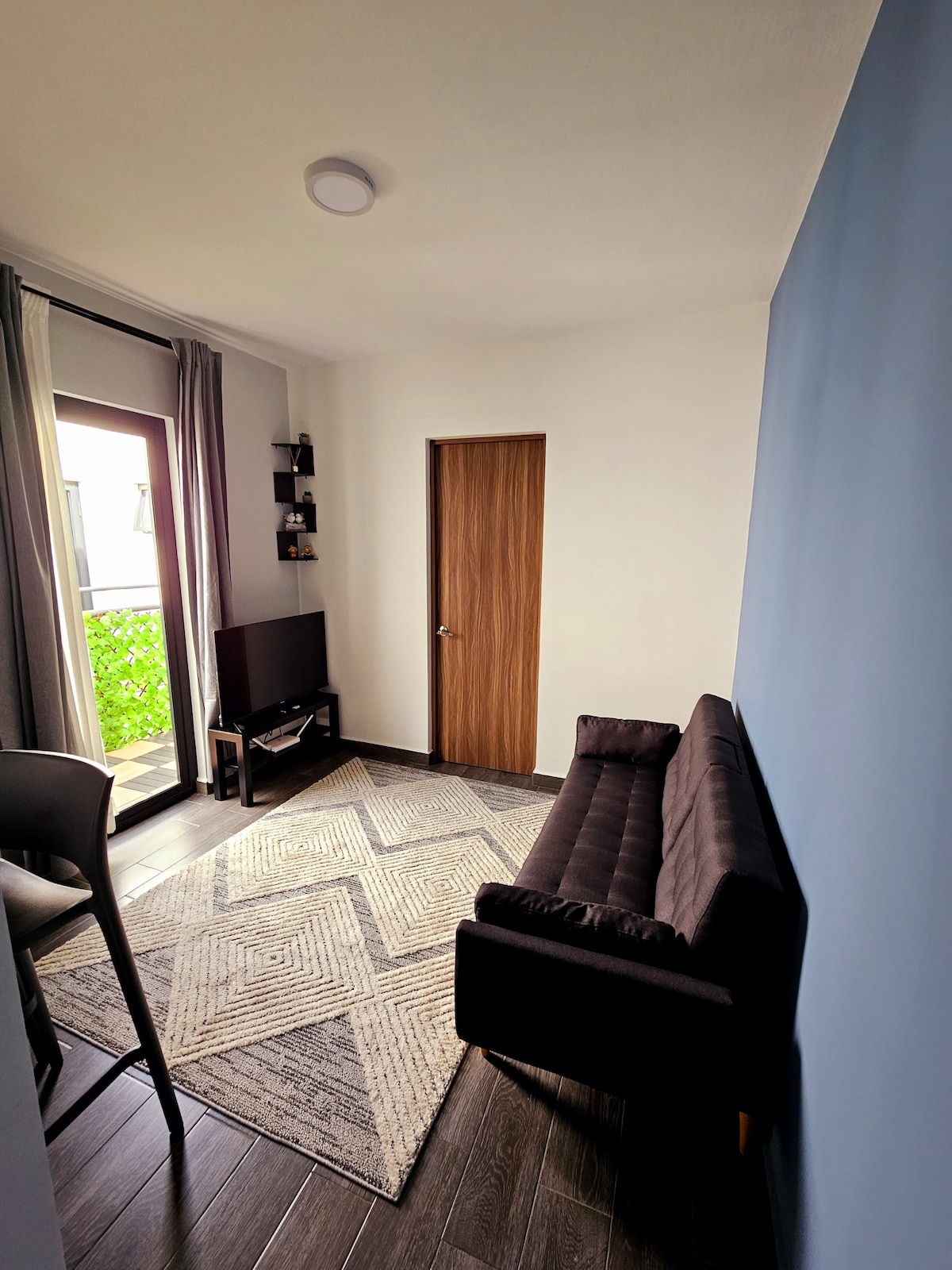 A compact living area features a dark sofa positioned next to a small table. A wall-mounted television displays minimal decor. Natural light enters through a glass door that leads to an outdoor space. The floor is adorned with a textured area rug, enhancing the space's warmth.