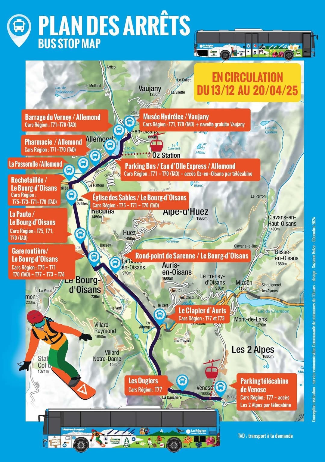 A detailed bus stop map for the Oisans area is displayed, indicating various routes and stops. Key locations are marked, including popular destinations like Allemont and l'Oisans. Accessible icons and clear labeling facilitate navigation for travelers needing public transportation.