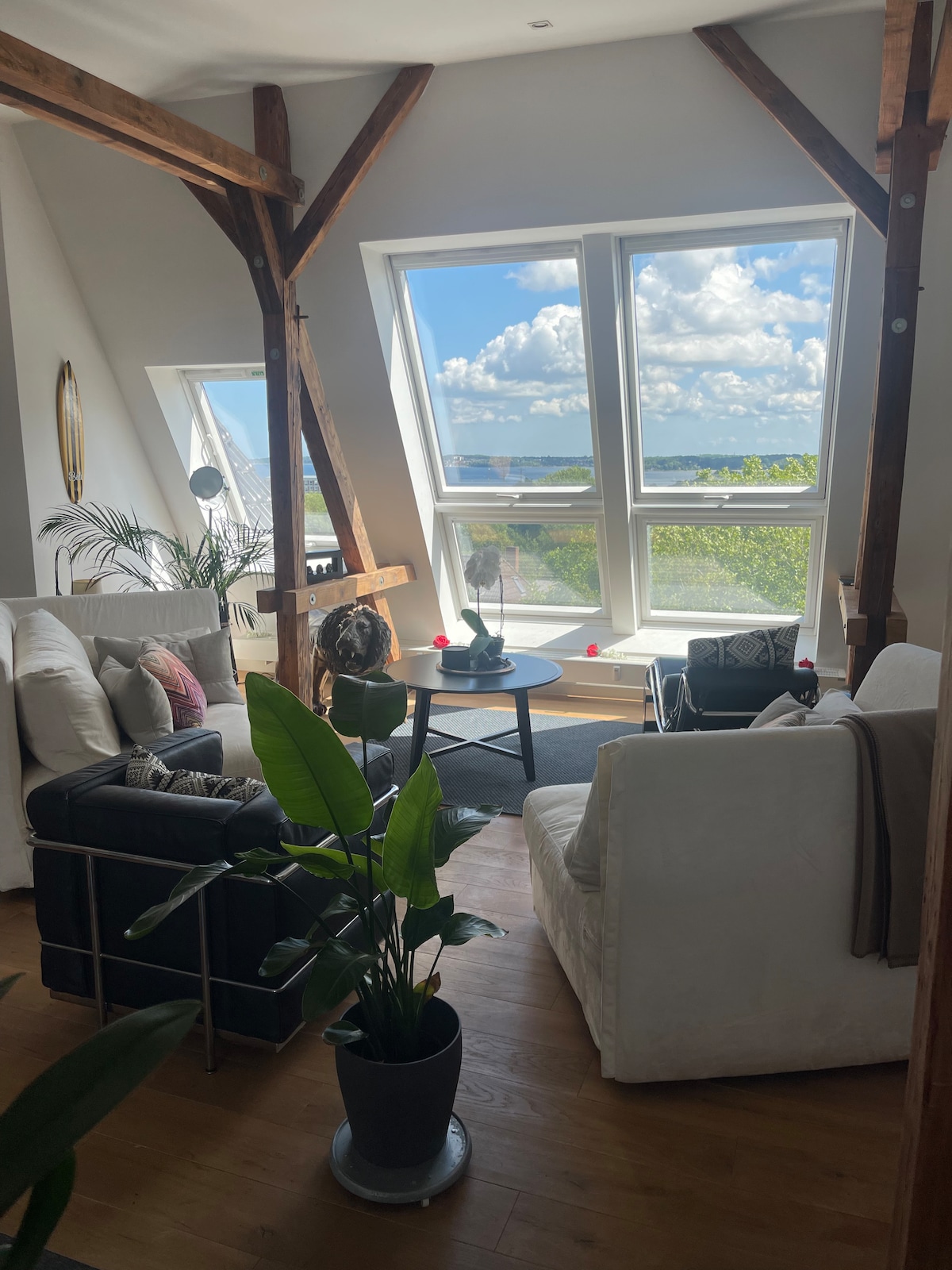 A bright living area features large windows that reveal a scenic view of the sky and surrounding landscape. Comfortable seating is arranged around a central coffee table, complemented by a vibrant green plant placed in a decorative pot.