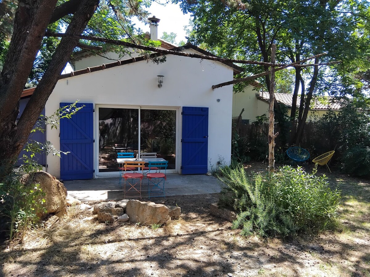A charming exterior view of a tiny house is featured, showcasing bright blue shutters and a covered porch area. The outdoor space includes a mix of seating options, with vibrant tables and chairs, surrounded by greenery and natural elements like large rocks and trees.