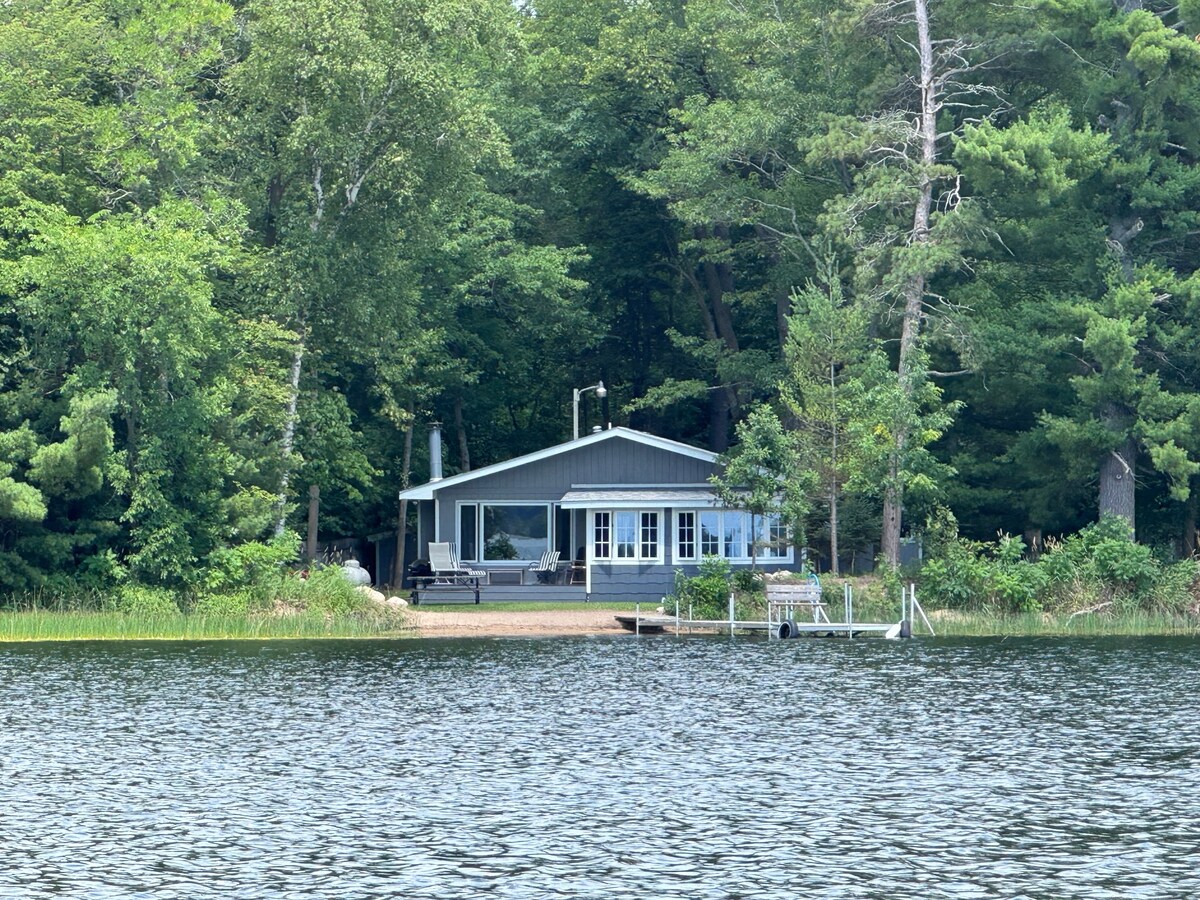 A cozy cabin is set along the shoreline of Birch Lake, surrounded by lush greenery. The cabin features large windows that reflect the surrounding trees, while a dock extends into the water. A pebbled path leads from the shore to the cabin entrance.