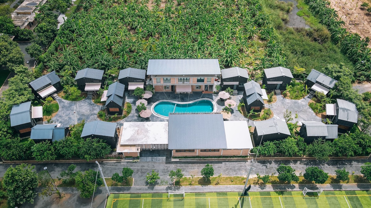 An aerial view showcases a cluster of tiny houses surrounding a central outdoor swimming pool. Lush greenery and banana trees create a natural backdrop, while shaded seating areas and pathways connect the accommodations. The layout emphasizes a cozy village-like atmosphere.