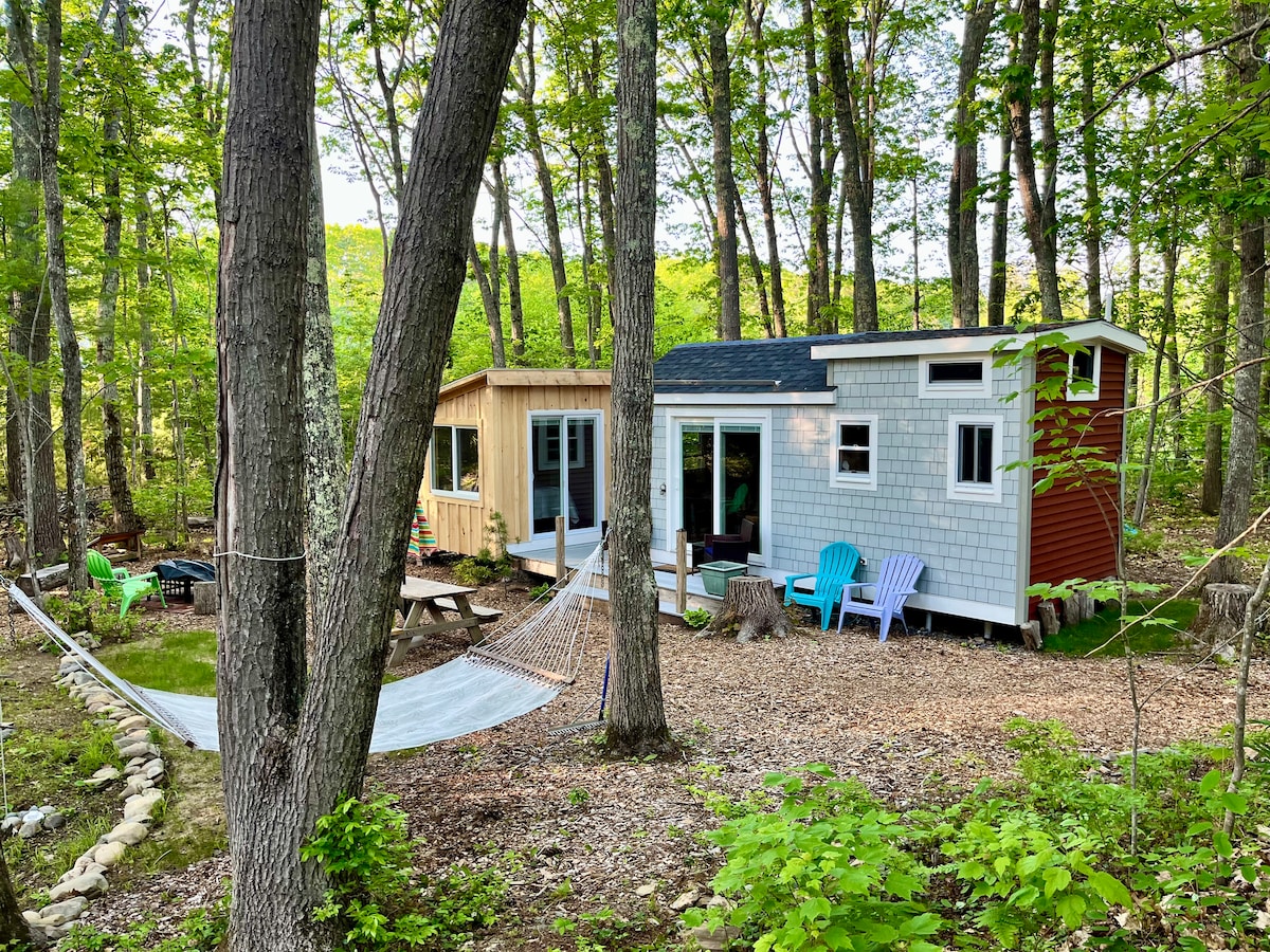 A cozy tiny house enveloped by lush trees features a wooden deck area with colorful seating options, including blue and green chairs. A hammock is positioned nearby, inviting relaxation. The outdoor space is framed by a layer of wood chips, enhancing the natural forest surroundings.