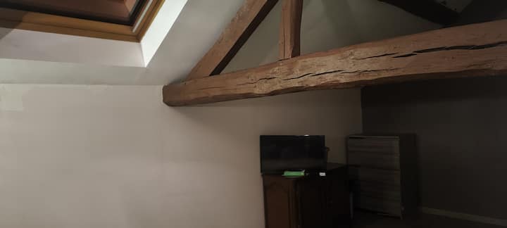 Habitación de chocolate en el jardín de 15 m2 con una cama de 140 m2 elevada.
Viga a la vista con TV .
Espacio de almacenamiento dedicado, así como un velux para contemplar el cielo estrellado de champán.