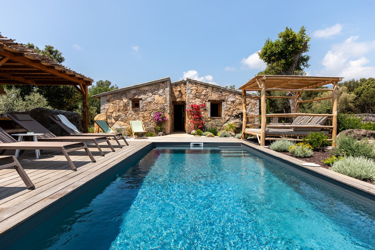 A stone façade building is visible behind a heated saltwater pool. Wooden lounge chairs line one side of the pool area, while lush greenery and flowering shrubs enhance the surrounding landscape. A covered outdoor seating area offers shade and additional relaxation space.