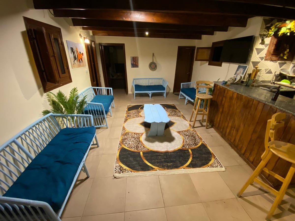 A spacious living area is furnished with blue-accented seating, including three light blue benches and a matching coffee table. A patterned rug with circular designs is placed on the tiled floor, and natural light enters through wooden windows, enhancing the cozy ambiance.