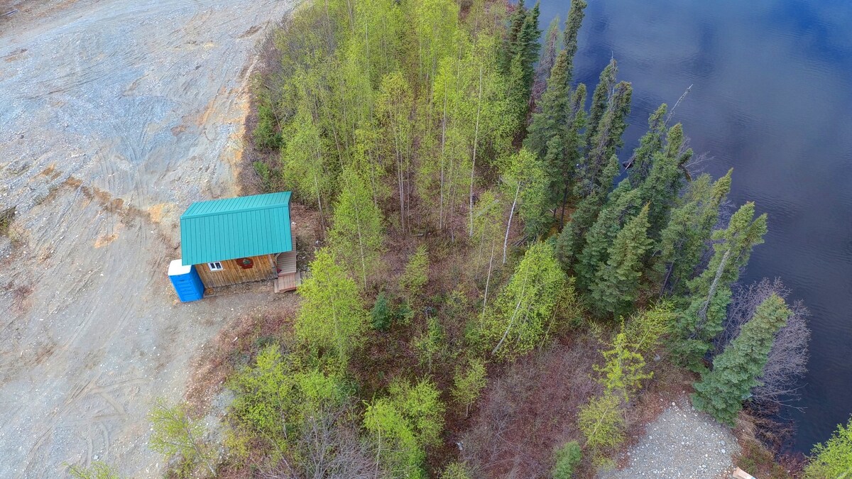 An aerial view captures a rustic cabin nestled among vibrant greenery, accompanied by a blue portable toilet. The cabin features a green roof, with the tranquil waters of a lake nearby, surrounded by dense trees.