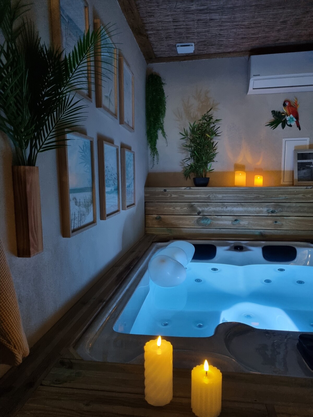 A private spa area is shown, featuring a jacuzzi with illuminated blue water. Soft, ambient lighting is created by candles placed nearby. Decorative plants and framed artwork add a touch of nature to the space, while a vibrant parrot artwork enhances the decor.
