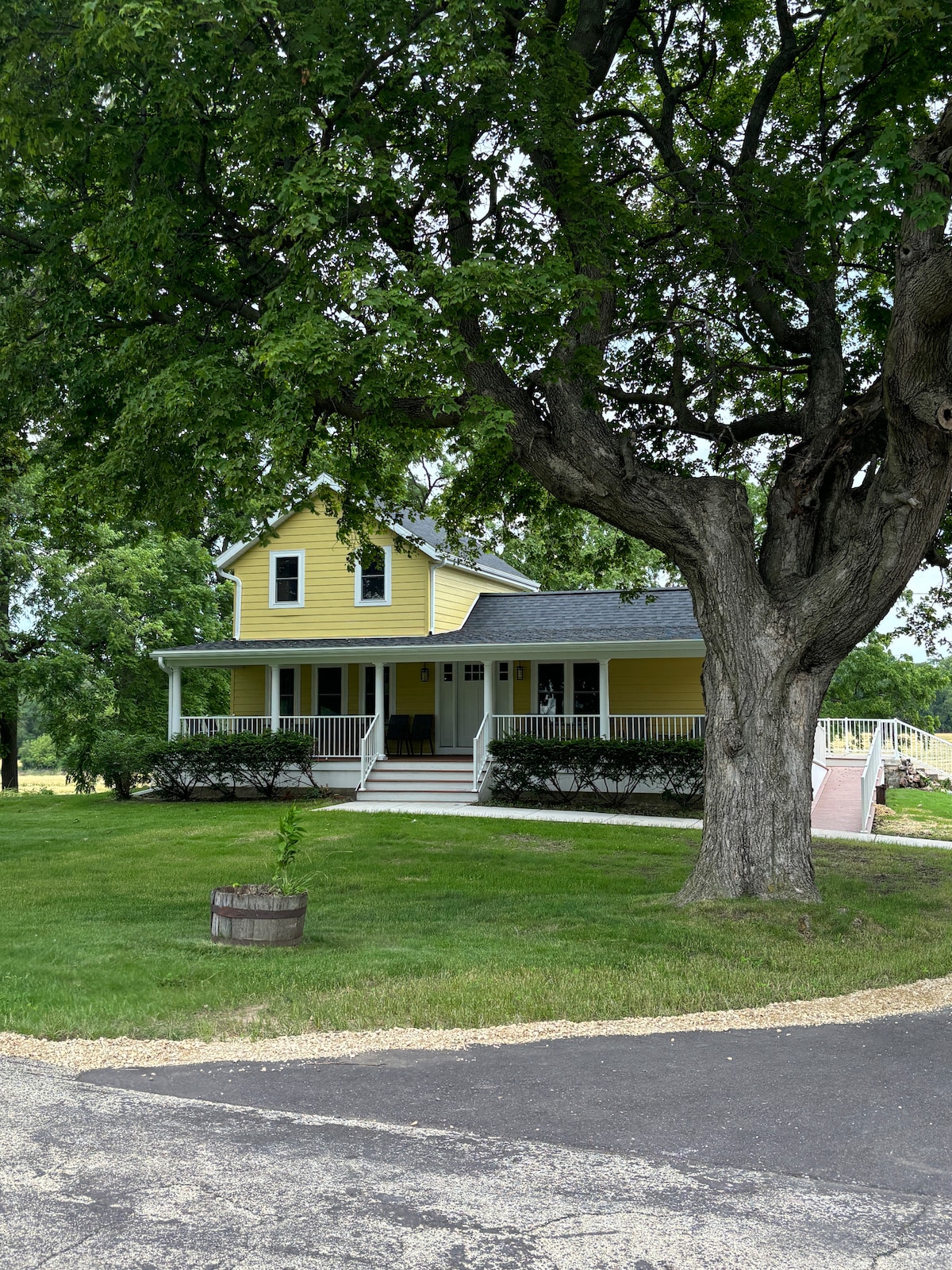 The remodeled farmhouse features a yellow exterior with white trim, nestled under a large tree. A welcoming front porch is accessible by a short flight of steps, offering ample seating. The lush green yard surrounds the home, creating a serene, natural environment.