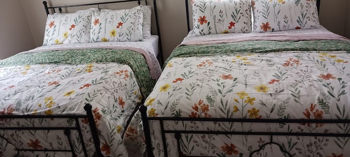2 comodi letti queen size, dormi in tutta comodità con 4 cuscini e 2 cuscini decorativi