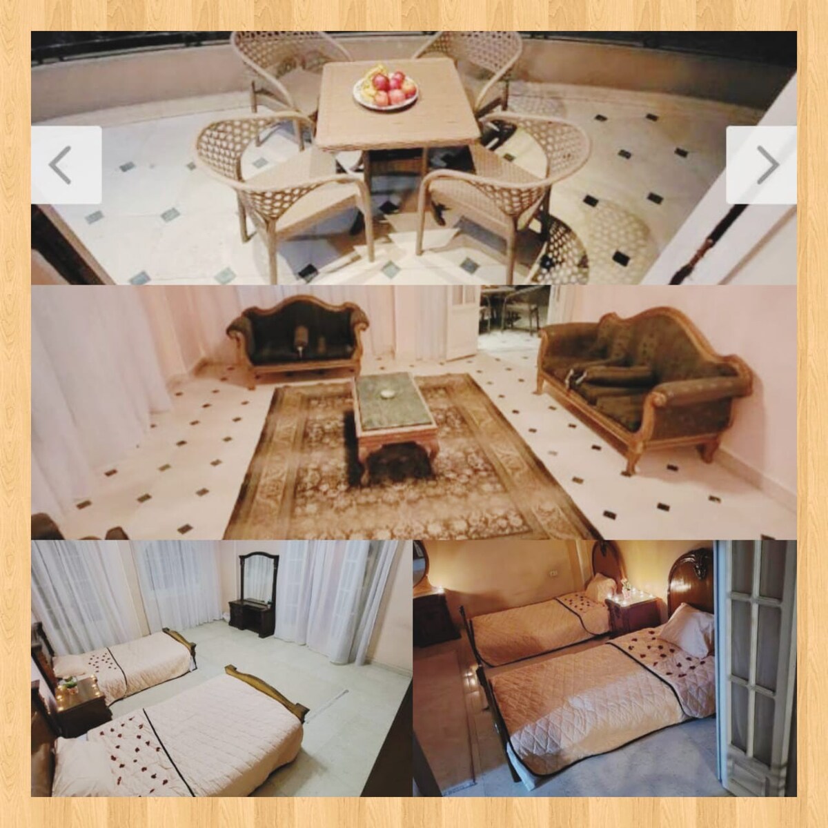 An inviting seating area is displayed with a wooden table surrounded by four woven chairs, set on tiled flooring. A comfortable lounge area features two sofas, a coffee table, and a traditional rug, while a sleeping space showcases two spacious beds, complemented by soft bedding and warm lighting.
