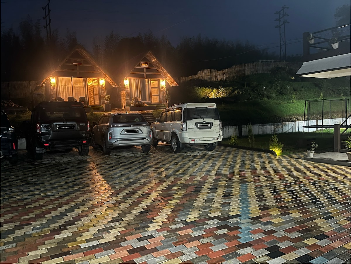 Two charming cabins are illuminated at night, set against a backdrop of greenery. A colorful, patterned driveway is filled with several parked vehicles, providing ample parking space. Soft lighting enhances the welcoming ambiance of the outdoor setting.