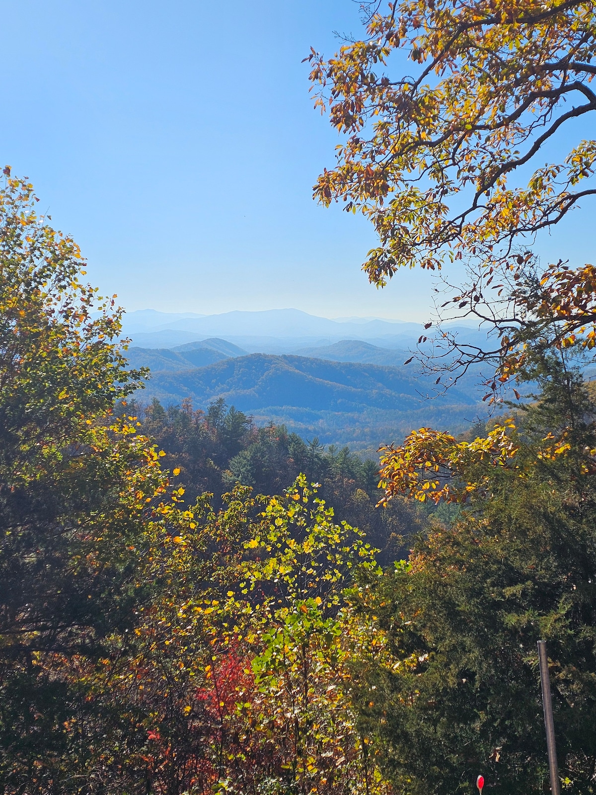 A scenic view showcases rolling mountains blanketed in vibrant autumn foliage. Trees with golden and green leaves frame the landscape, revealing a bright blue sky above. The serene atmosphere highlights the natural beauty of the surroundings.
