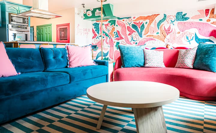 One queen sofa bed and a comfy barbie couch makes for plenty of seating! 