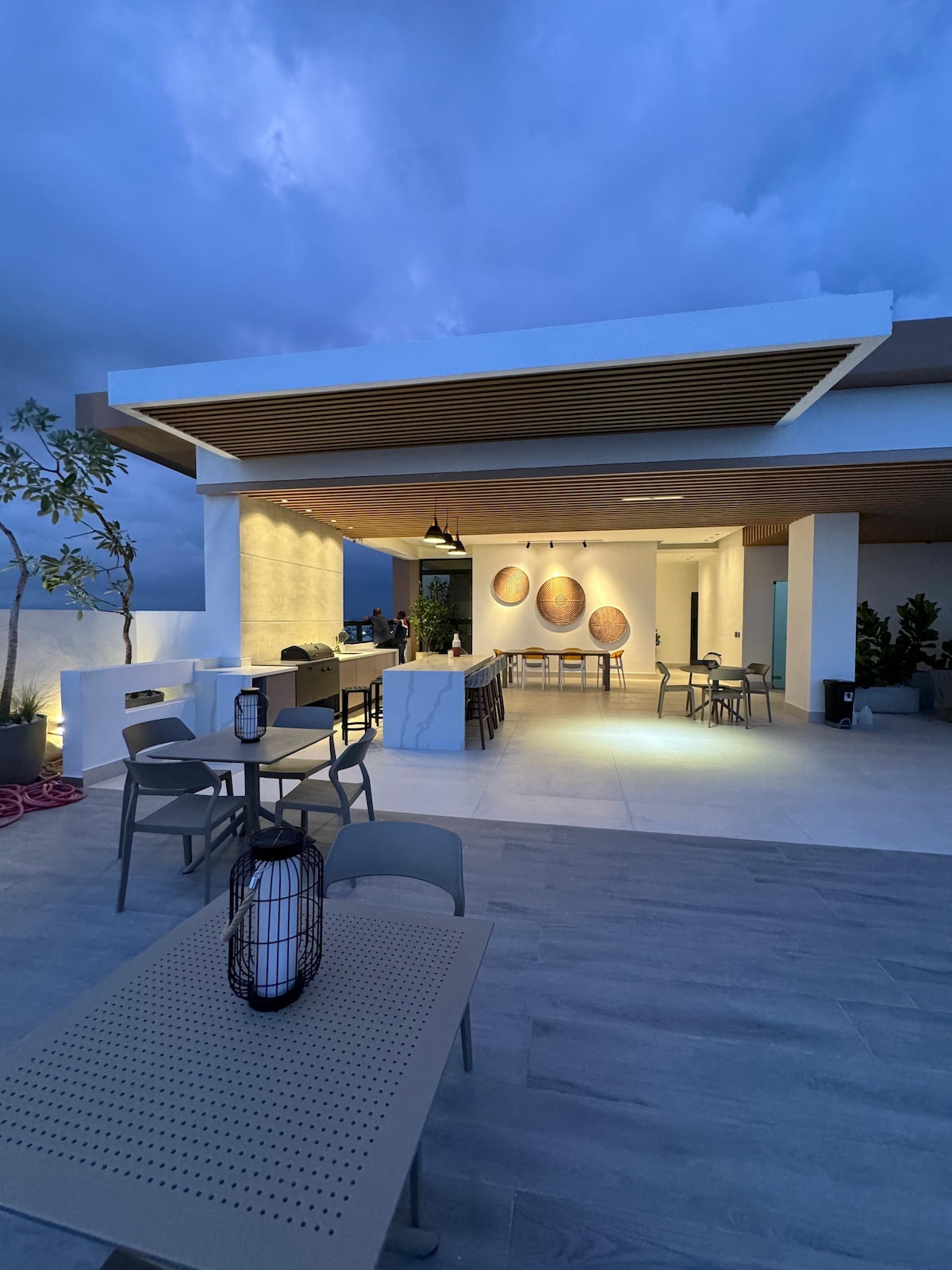 An open rooftop area is depicted, featuring a spacious layout with a large dining table and several chairs. Soft lighting enhances the atmosphere, while potted plants and decorative elements subtly add to the ambiance. The backdrop showcases a dramatic evening sky.