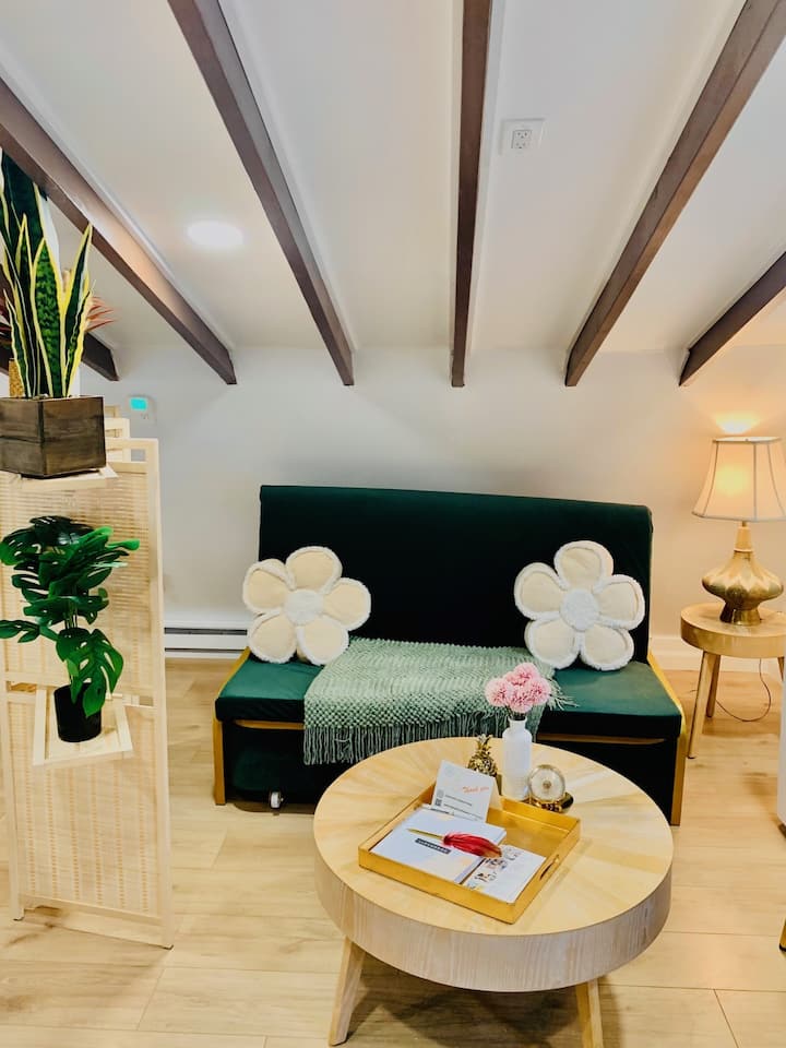 Stylish lounge space with vaulted ceilings, cozy seating, and calming boutique-hotel ambiance. The pullout couch easily converts into an extra bed, perfect for additional guests.