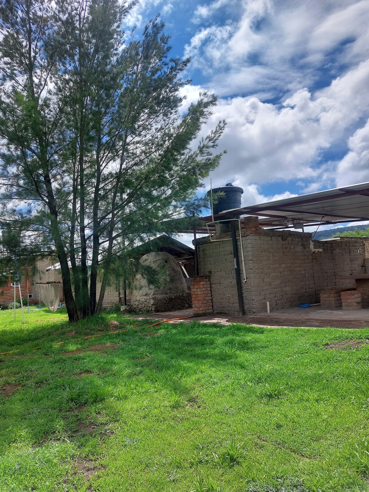 A spacious outdoor area is shown, featuring a lush green lawn and a tall tree casting gentle shade. The background includes a structure with a rustic stone wall and a covered patio area. A water tank is visible atop the building.
