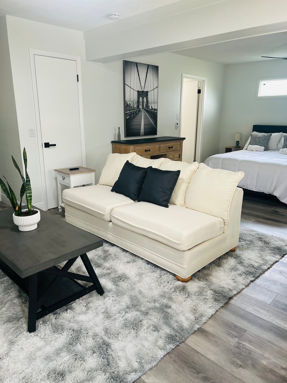 A light-colored sofa with dark cushions is positioned on a plush area rug in the living space. A small side table and a decorative plant are present. In the background, a spacious bed is visible alongside a wooden dresser and art depicting a bridge.