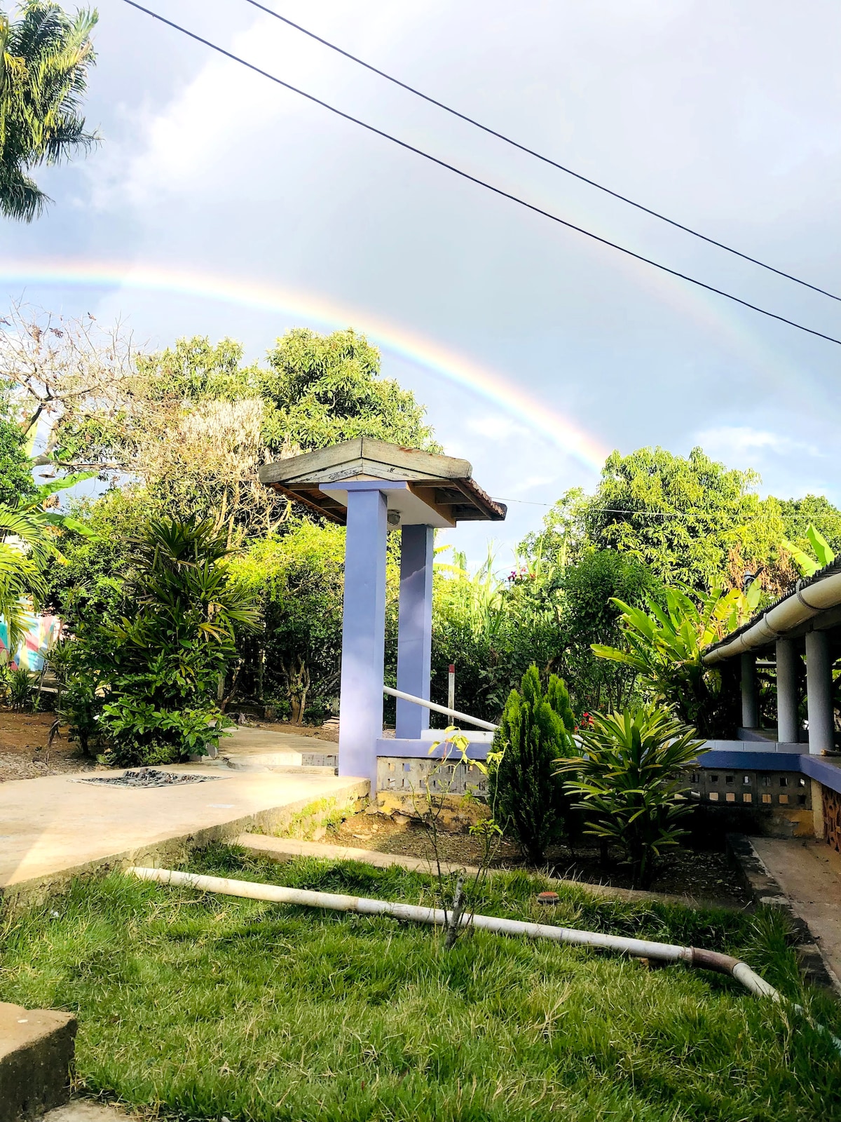 A pathway leads through a lush garden, framed by vibrant greenery. A covered structure stands to one side, while a gentle rainbow arcs across the sky, enhancing the serene natural setting.