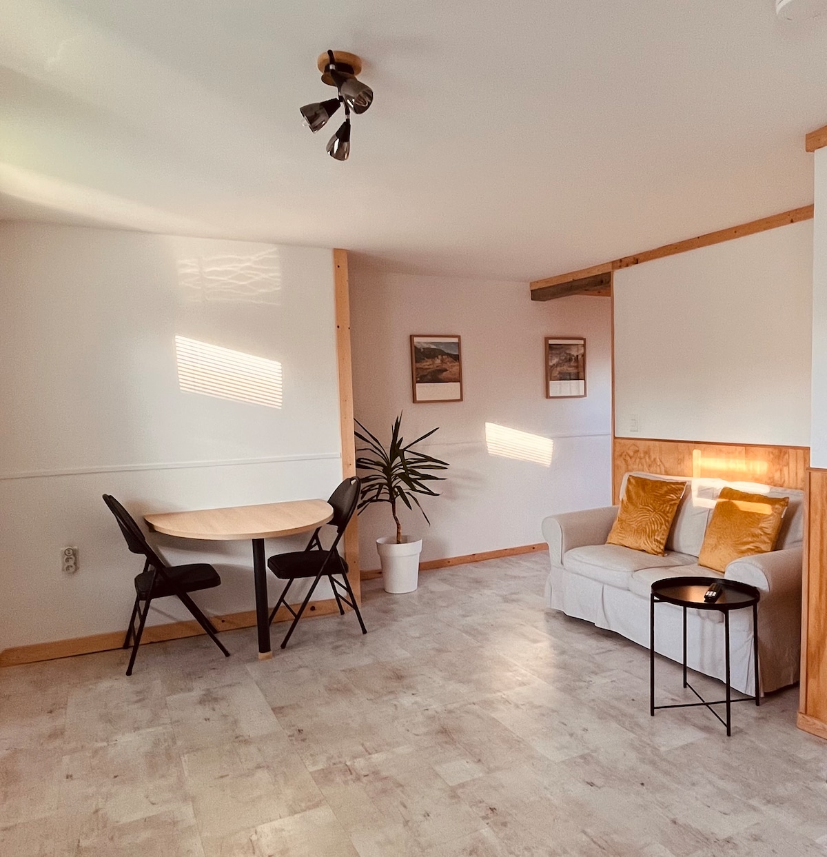 A well-lit living space features a small round dining table paired with two chairs. A cozy sofa with decorative pillows is positioned nearby, complemented by a side table. A green plant adds a touch of life to the room, with sunlight creating warm accents on the walls.