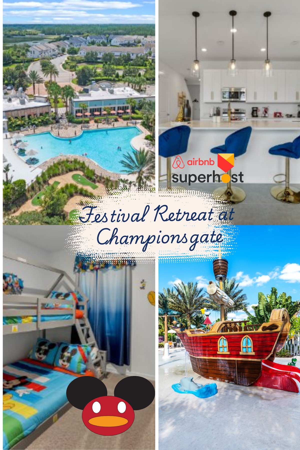 A vibrant outdoor pool area is surrounded by palm trees and lounge chairs, offering a spacious area for relaxation. An inviting kitchen features modern appliances and bar seating with blue stools. A cheerful children's bedroom includes themed bedding and a bunk bed. A whimsical pirate-themed water play area invites fun.
