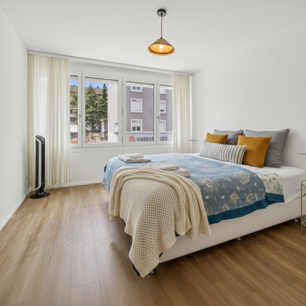 Peaceful and inviting bedroom with a comfortable bed and harmonious design for a restful night’s sleep.