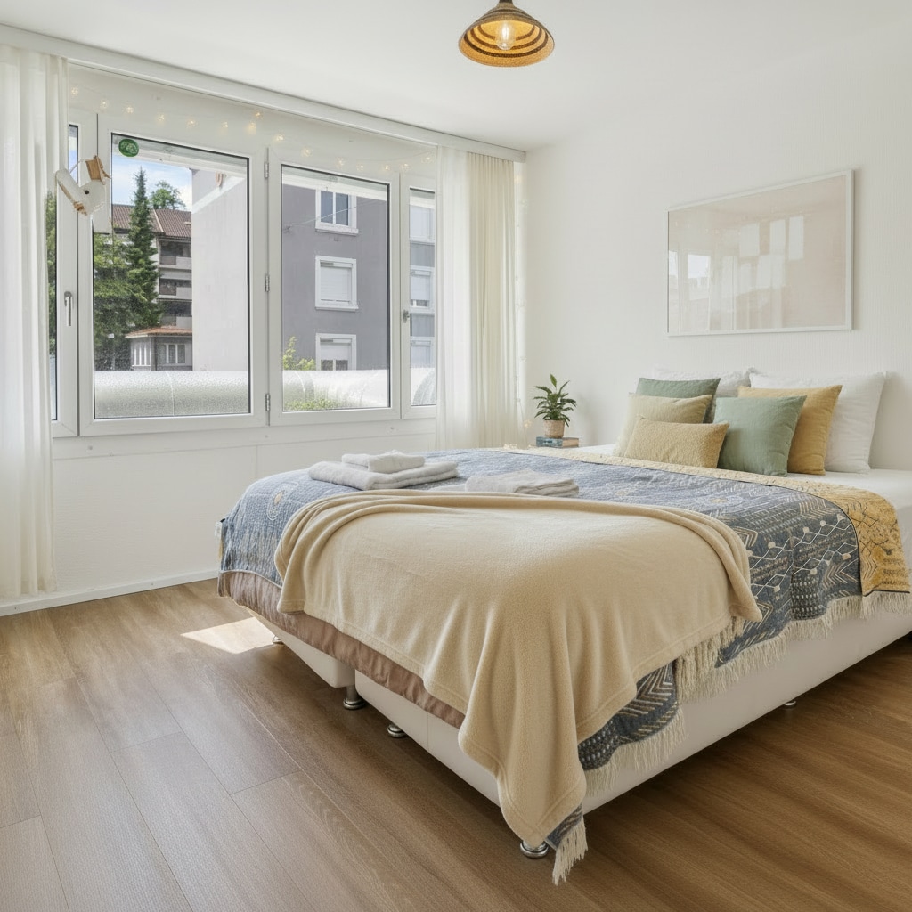 Cozy bedroom with a warm atmosphere, ideal for unwinding and relaxing.