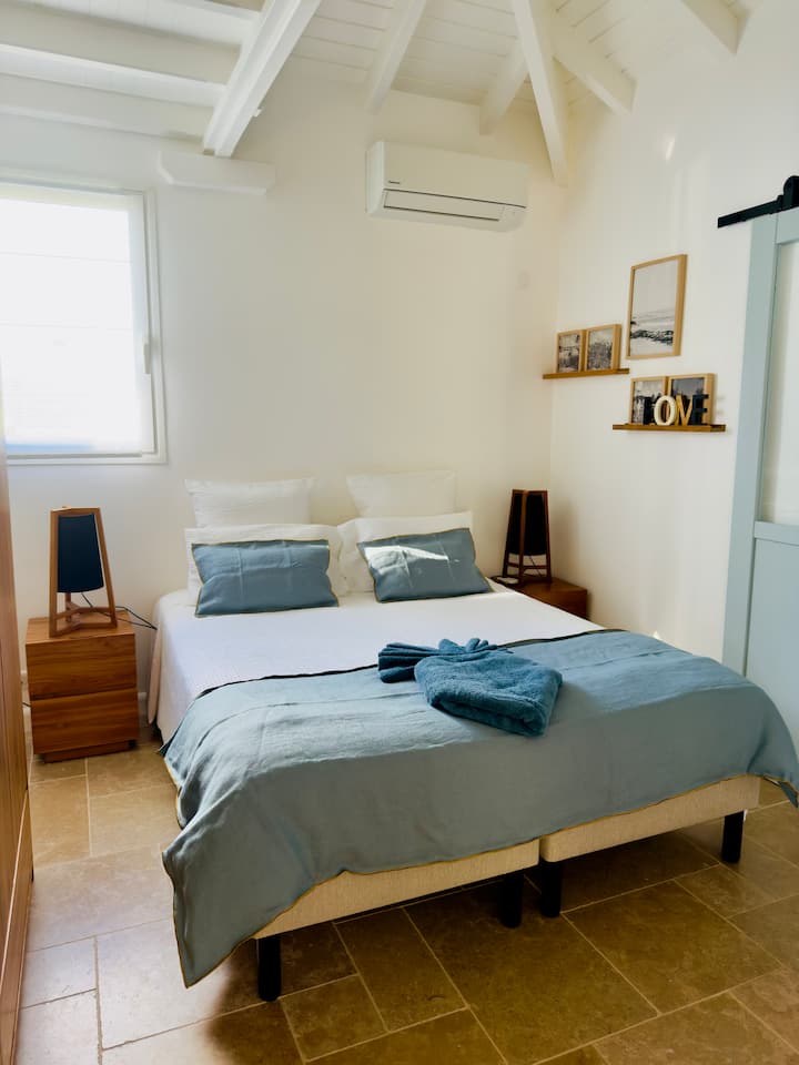 Habitación con dos camas individuales, vista al jardín