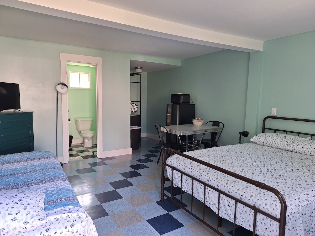 An open studio space features two beds, a dining table, and a kitchenette. Light blue walls complement a patterned floor. The bathroom is visible through a doorway, and a TV is positioned on a dresser across from the seating area.