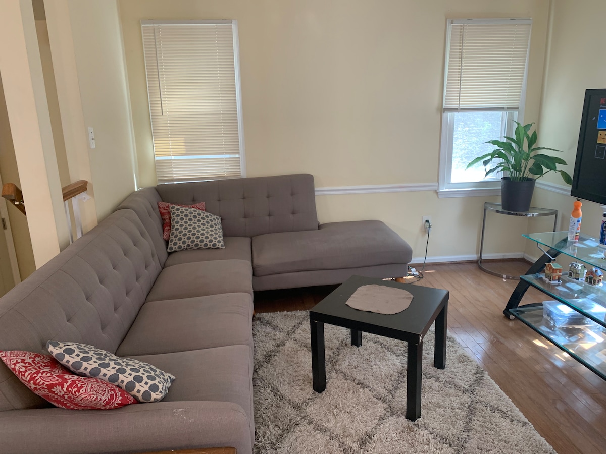 A comfortable living area features a gray sectional couch with decorative pillows, a minimalist black coffee table, and a glass side table. Natural light enters through two windows covered with blinds, complemented by a potted plant in the corner. Hardwood floors add warmth to the space.