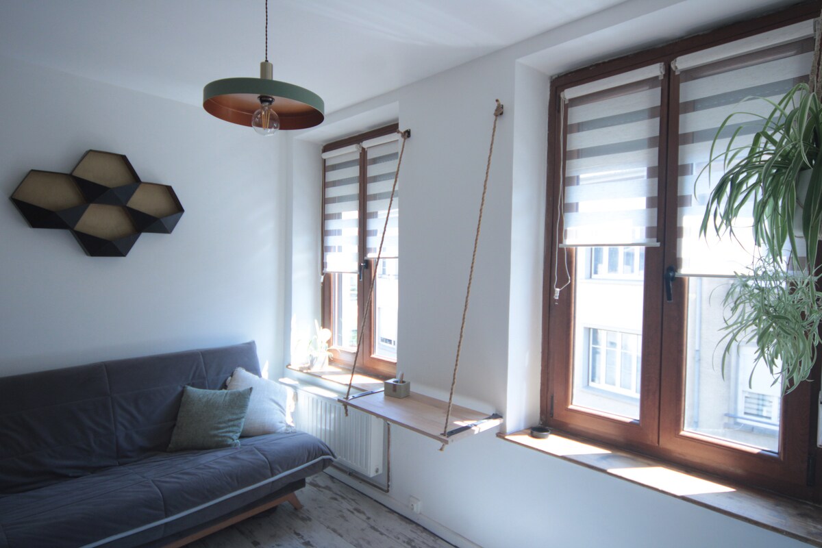 A cozy living area features a gray convertible sofa adorned with a green accent pillow. Natural light enters through two windows with striped blinds, while a wall-mounted shelf is suspended by ropes. A geometric wall art piece adds visual interest.