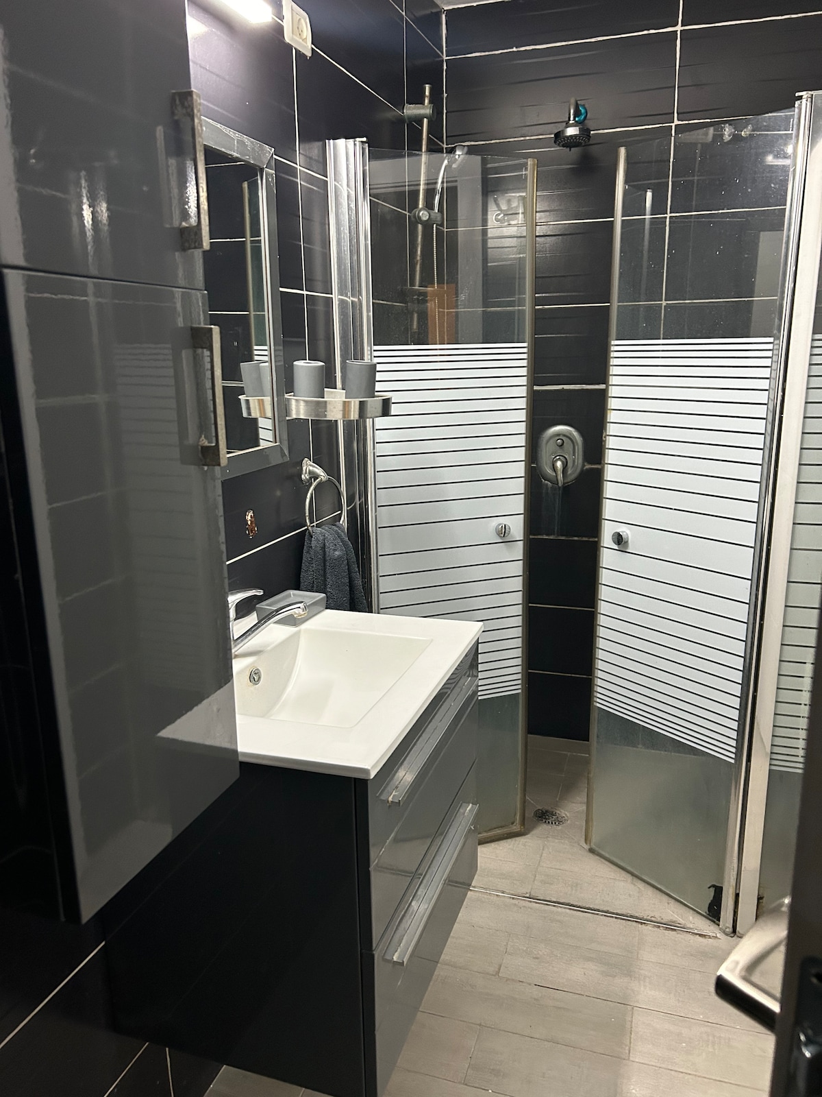 A modern bathroom features dual glass showers with sleek striped panels. A minimalist vanity holds a white sink and gray cabinetry, while a mirror is mounted above. Dark tiles provide a sophisticated backdrop, with bright lighting enhancing the space's functionality.