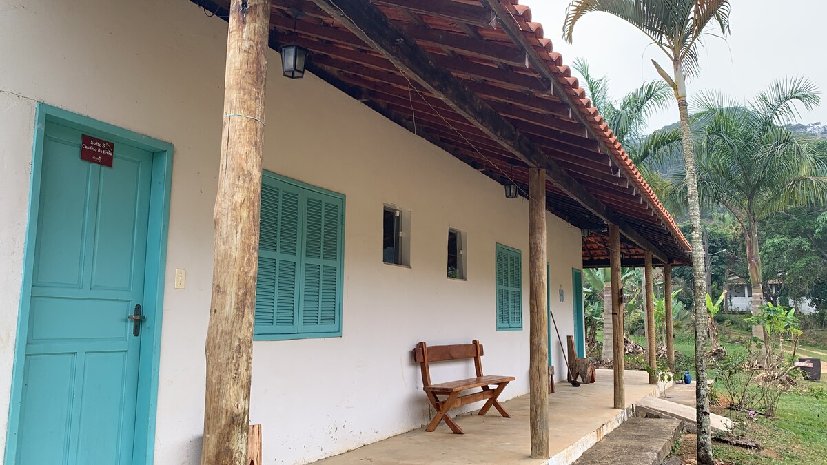 A charming porch is outlined by wooden beams, leading to a white facade adorned with turquoise window shutters. A simple wooden bench is positioned at the entrance, surrounded by greenery and tall palm trees, creating a serene outdoor space.