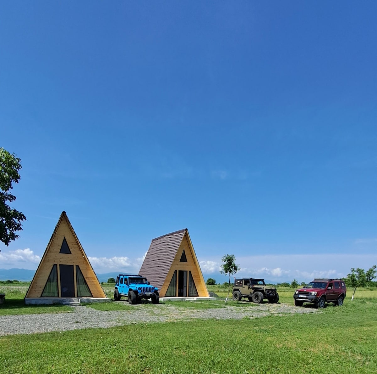 Two modern A-frame cabins are set in an open grassy area under a clear blue sky. Two vehicles are parked in front, one is blue and the other two in darker colors. Surrounding trees and distant hills are visible in the background.