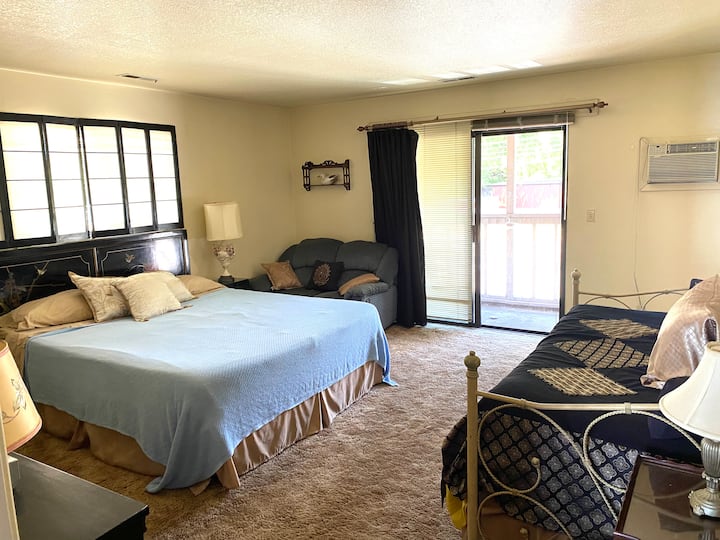 楼上主卧。
加州特大号床、双人沙发床、沙发床下方还有两张双人床。 