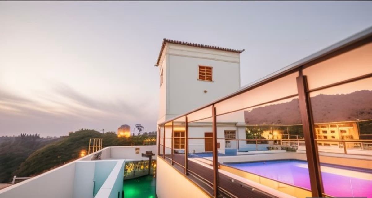 An elevated view captures a rooftop area featuring a modern building with large windows. A swimming pool is visible, reflecting the hues of the evening sky. Surrounding greenery adds a serene backdrop to the urban setting.