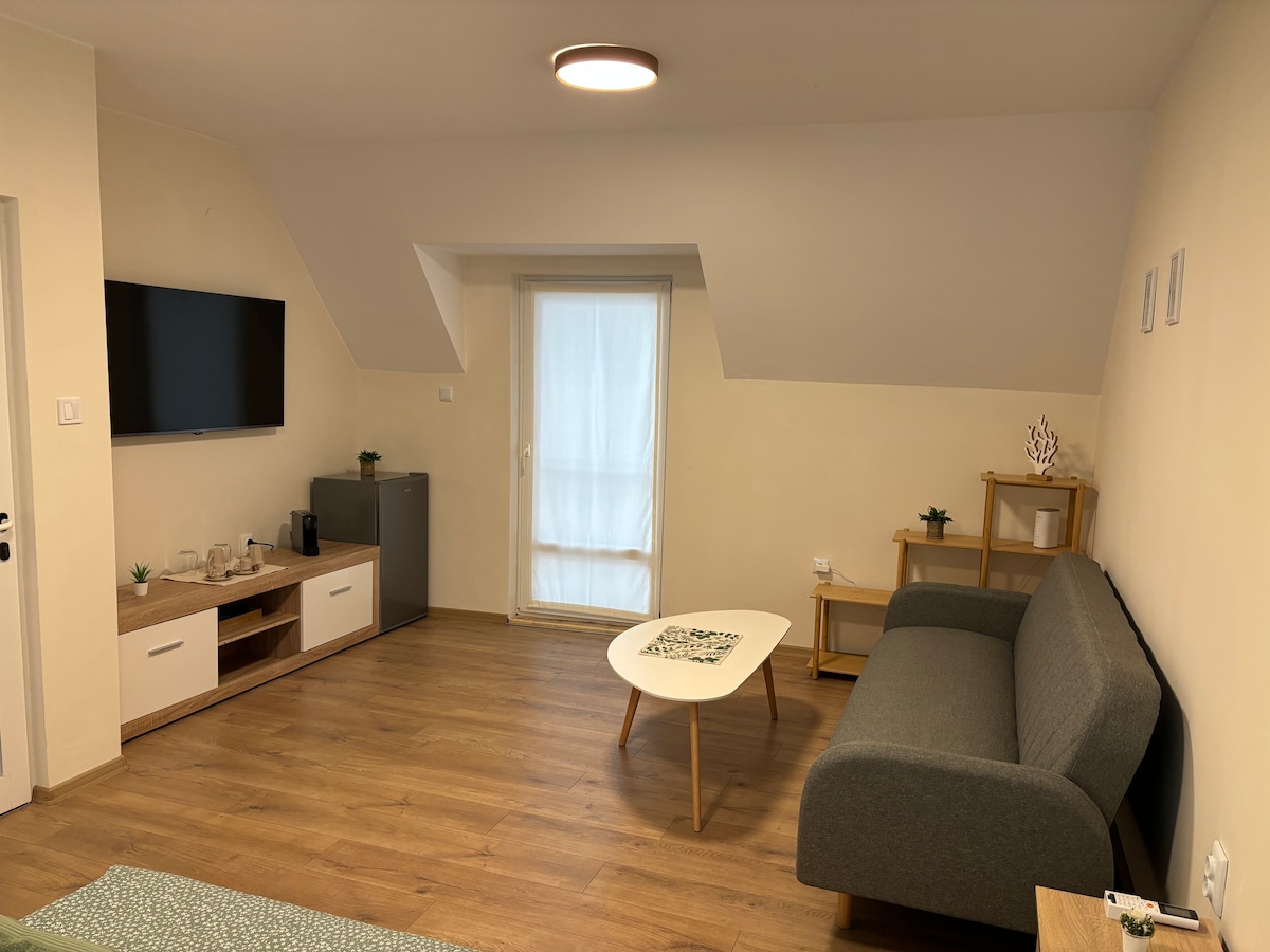 A cozy living area features a wall-mounted television opposite a comfortable gray sofa. A light wooden coffee table stands in front of the sofa. A small refrigerator is located next to the table, and a minimalist shelving unit is present in the corner.