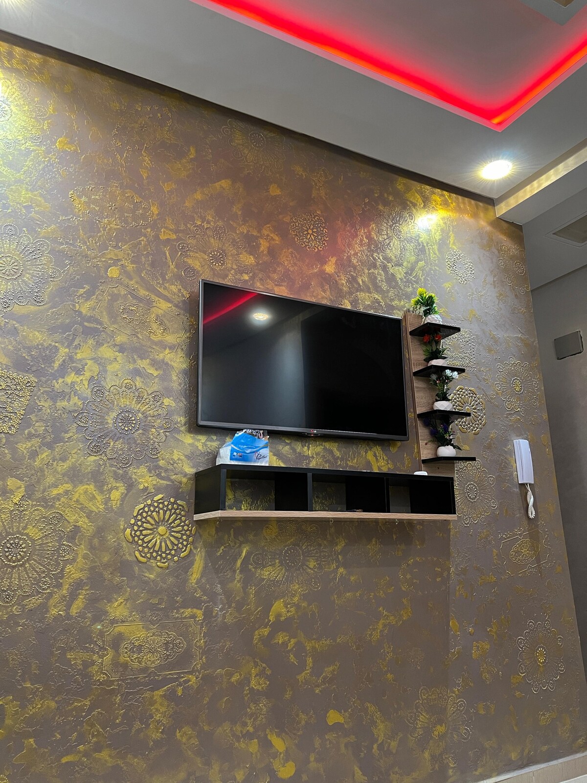 A wall features a flat-screen television mounted above a sleek shelf displaying small plants. Soft lighting highlights the intricate gold-patterned wallpaper, while ambient red ceiling lights add a modern touch to the room.