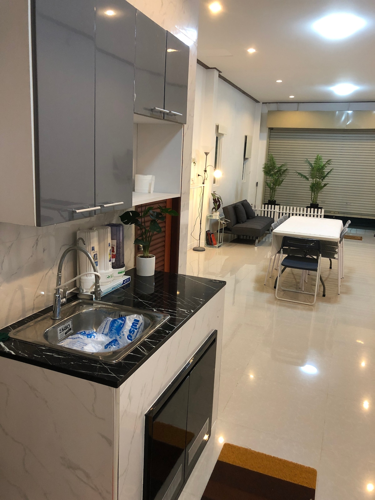 A compact kitchen area features sleek gray cabinets and a black countertop. A small sink is positioned with kitchen essentials nearby. In the background, a dining area with a table and chairs is visible, complemented by decorative indoor plants.