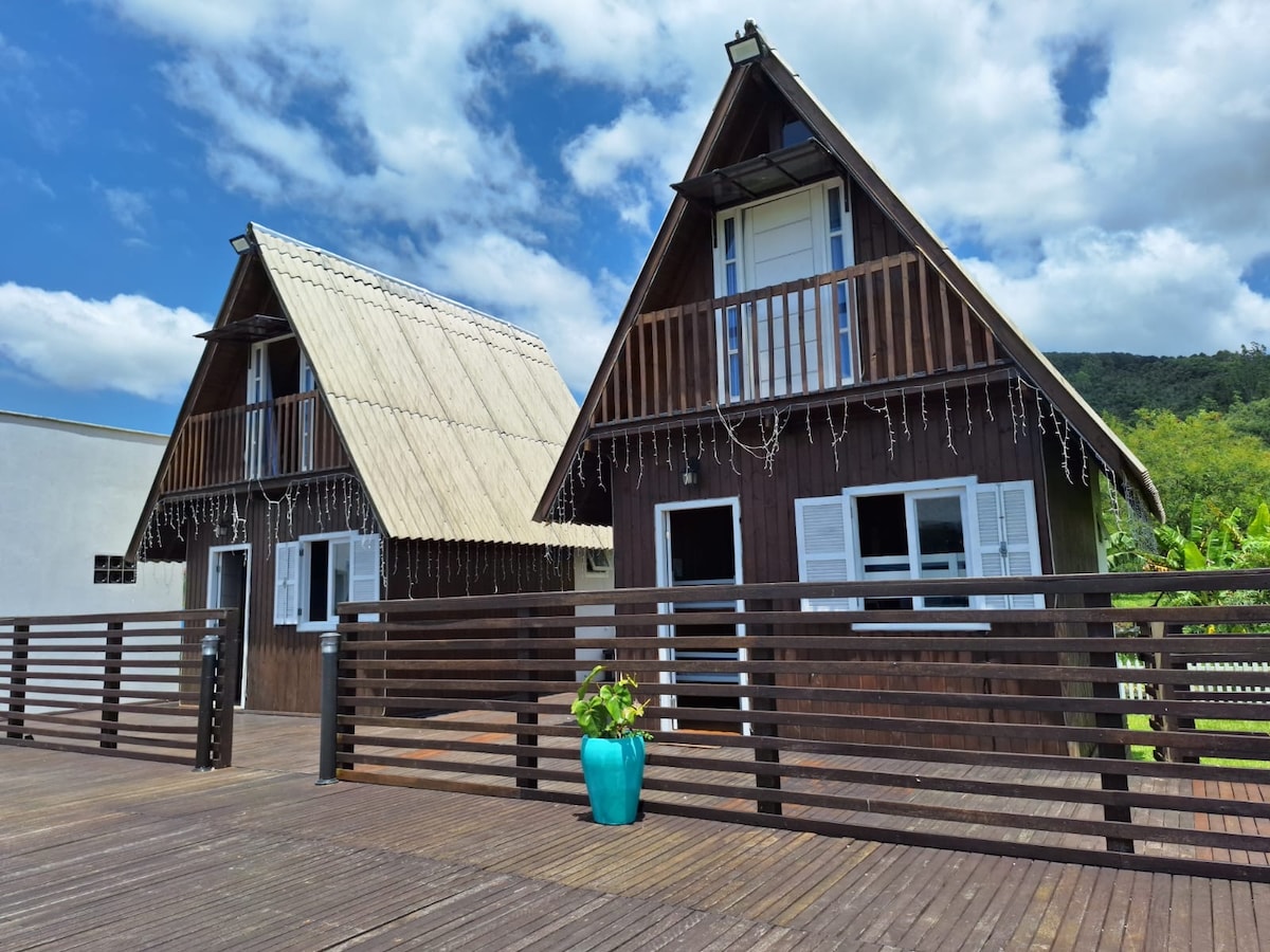 Two charming A-frame cabins are set against a bright blue sky, featuring large windows and balconies. A wooden deck surrounds the cabins, with a potted green plant adding a touch of color. The rustic exterior is complemented by natural surroundings.