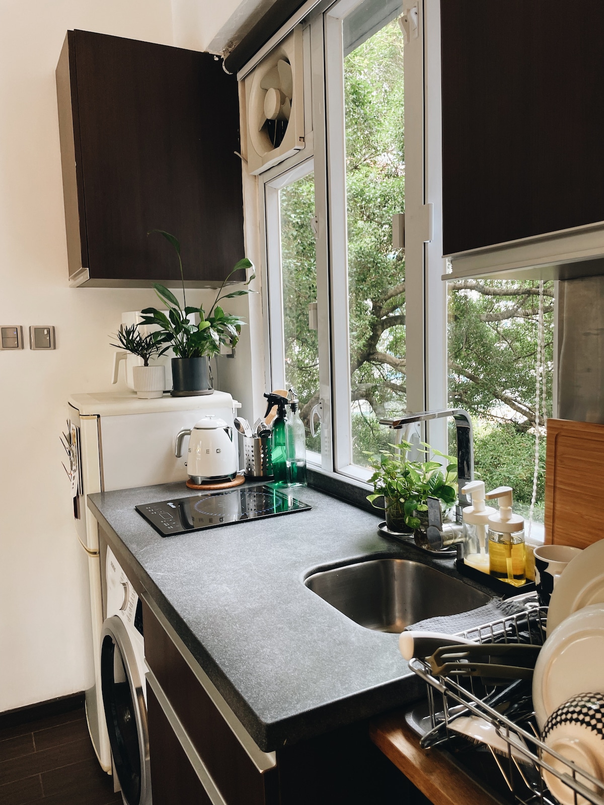 A functional kitchen features modern cabinetry and a countertop with a sink. A window provides a view of greenery, while plants are arranged on the sill. Essential appliances, including a kettle and a washer, are neatly placed, contributing to the organized atmosphere.